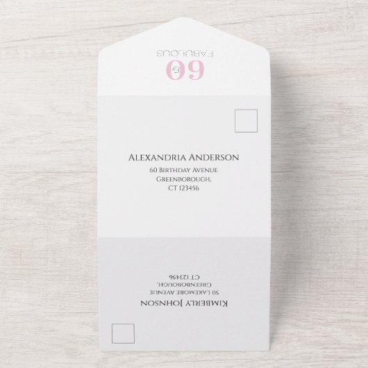 60誕生日60と素晴らしいピンクのパーティー オールインワン招待状 (外側)