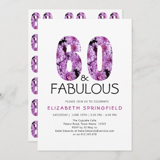 60誕生日60と素晴らしい紫のフローラ 招待状 (正面/裏面)