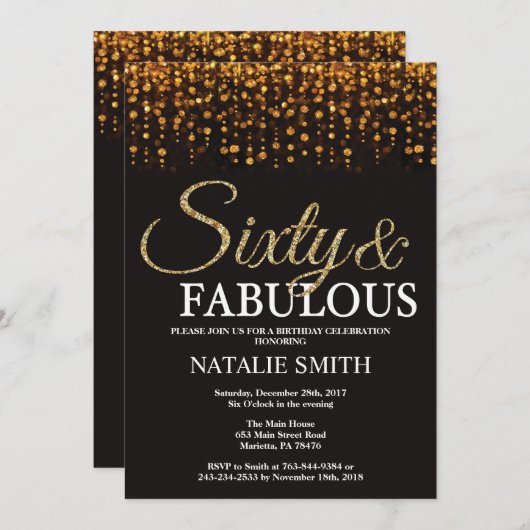 60誕生日60と素晴らしい金ゴールドグリッター 招待状 (正面/裏面)