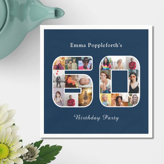 60誕生日60フォトコラージダークブルー スタンダードカクテルナプキン
