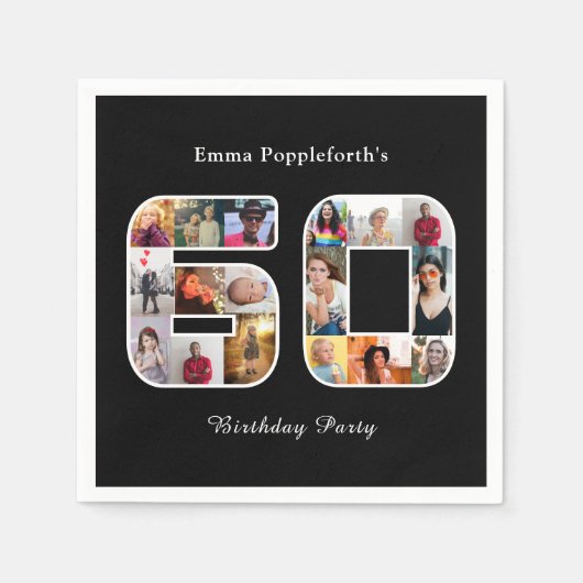 60誕生日60フォト・コラージュ白黒 スタンダードカクテルナプキン (正面)