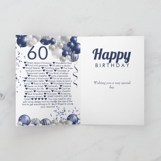 60誕生日60理由カードを愛する カード (内部)