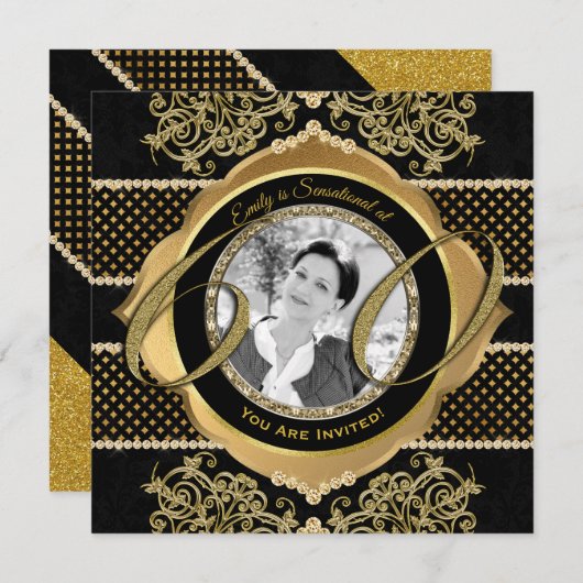 60誕生日60番目の金ゴールドダイヤモンドフォトフレーム 招待状 (正面/裏面)