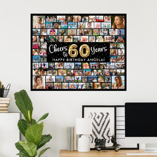 60誕生日92枚の写真ブラック金ゴールド応援 ポスター (ホームオフィス)