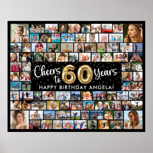 60誕生日92枚の写真ブラック金ゴールド応援 ポスター (正面)
