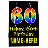 60誕生日:おもしろいはっきりした、カラフルレインボー「60」 ミディアムペーパーバッグ (正面)