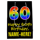 60誕生日:おもしろいはっきりした、カラフルレインボー「60」 ミディアムペーパーバッグ (裏面)