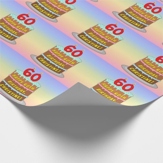 60誕生日:おもしろいケーキとキャンドル+名前をカスタムする ラッピングペーパー (角)