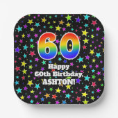 60誕生日:おもしろいスター柄と虹「60」 ペーパープレート (正面)