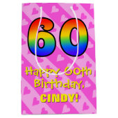 60誕生日:おもしろいピンクハートストライプ、レインボー60 ミディアムペーパーバッグ (正面)