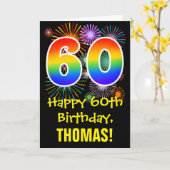 60誕生日:おもしろい花火パターン+虹60 カード (黄色い花)