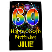 60誕生日:おもしろい花火パターン+虹60 ミディアムペーパーバッグ (正面)