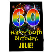 60誕生日:おもしろい花火パターン+虹60 ミディアムペーパーバッグ (裏面)