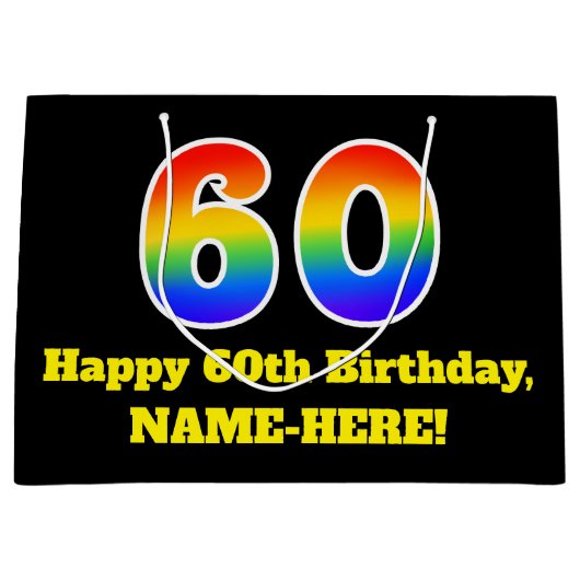 60誕生日~おもしろい, カラフル, 鮮やか, Rainbow 60 ラージペーパーバッグ (正面)