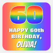 60誕生日: カラフル、おもしろいレインボーパターン# 60 スクエアシール (正面)