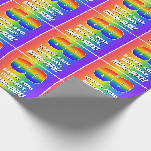 60誕生日: カラフル、おもしろいレインボーパターン# 60 ラッピングペーパー (角)