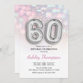 60誕生日 – シルバー風船ピンクライト 招待状 (正面/裏面)
