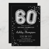 60誕生日 – シルバー風船ブラック 招待状 (正面/裏面)
