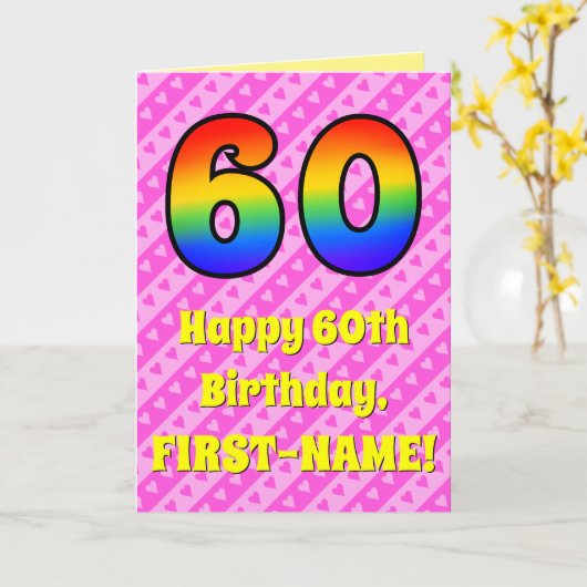 60誕生日:ピンクストライプのハート、レインボー# 60 カード (黄色い花)
