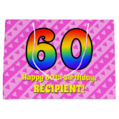60誕生日：ピンクストライプのハート、レインボー# 60 ラージペーパーバッグ (正面)