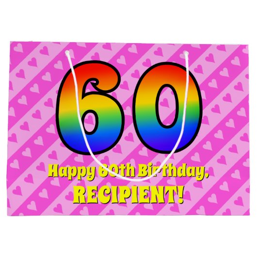 60誕生日：ピンクストライプのハート、レインボー# 60 ラージペーパーバッグ (裏面)