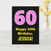 60誕生日:ピンクストライプ色のハートと"60" +名前 カード (黄色い花)