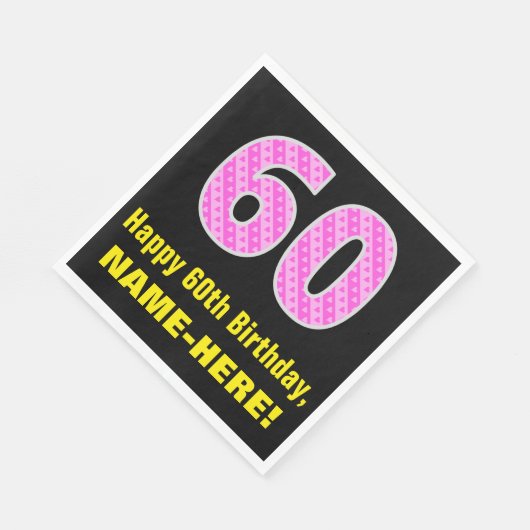 60誕生日:ピンクストライプ色のハートと"60" +名前 スタンダードランチョンナプキン (角)