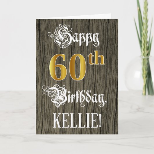 60誕生日:フェイク金ゴールドルック+木フェイク模様 カード (正面)