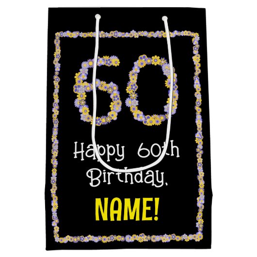 60誕生日:フローラ花数名前をカスタムする ミディアムペーパーバッグ (裏面)