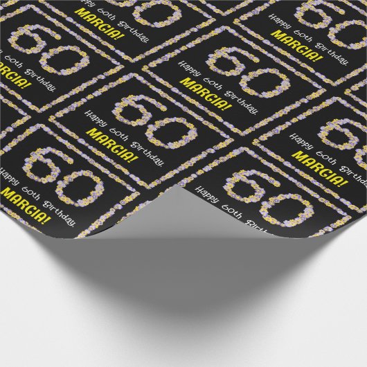 60誕生日:フローラ花数名前をカスタムする ラッピングペーパー (角)