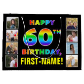 60誕生日：レインボー文字カスタム、写真&名前 ラージペーパーバッグ (裏面)