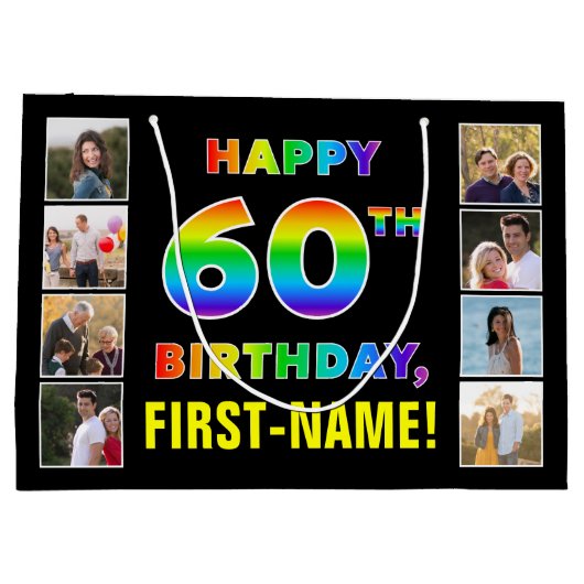 60誕生日：レインボー文字カスタム、写真&名前 ラージペーパーバッグ (裏面)