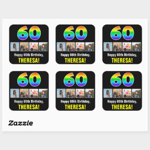 60誕生日:レインボー「60」、写真カスタムと名前 スクエアシール