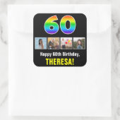 60誕生日:レインボー「60」、写真カスタムと名前 スクエアシール (バッグ)