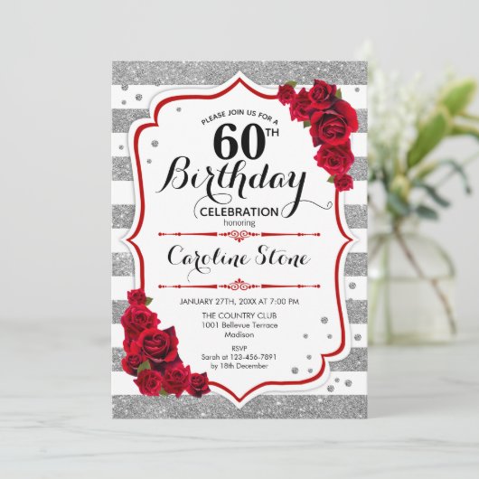 60誕生日 – レッドシルバーホワイトストライプバラ 招待状 (スタンド正面)