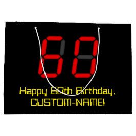 60誕生日：レッドデジタルクロックスタイル「60」 +名前 ラージペーパーバッグ