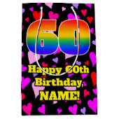 60誕生日:愛するハートパターン、虹# 60 ミディアムペーパーバッグ (正面)