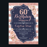 60誕生日 – 海軍バラ金ゴールドと白ストライプ色 招待状<br><div class="desc">60誕生日招待状。バラエレガント金ゴールド白と海軍のデザインとフェイクグリッター。エレガントな誕生日パーティーに最適。</div>