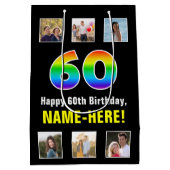 60誕生日: Rainbow "60"，写真カスタムと名前 ミディアムペーパーバッグ (裏面)
