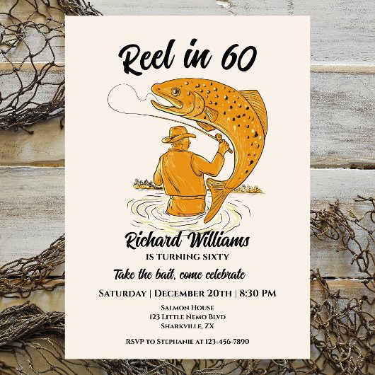 60魚釣りヴィンテージメンズ60誕生日 招待状
