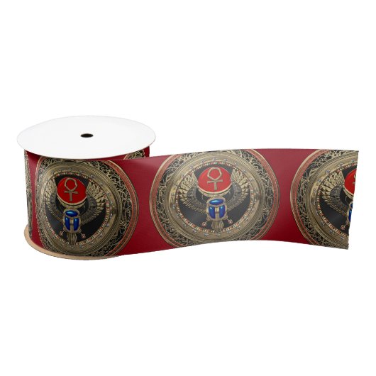 [600]聖なる金ゴールドエジプトの翼を持つスカラブとアンク サテンリボン (リール)