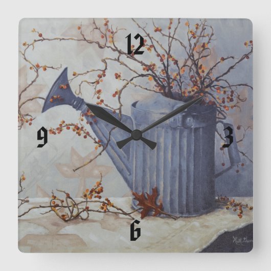 6033ほろがきがキルトの時計に水かき缶 スクエア壁時計 (正面)