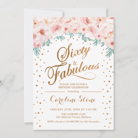 60 誕生日パーティー - ホワイトゴールド ピンク 招待状 (正面)