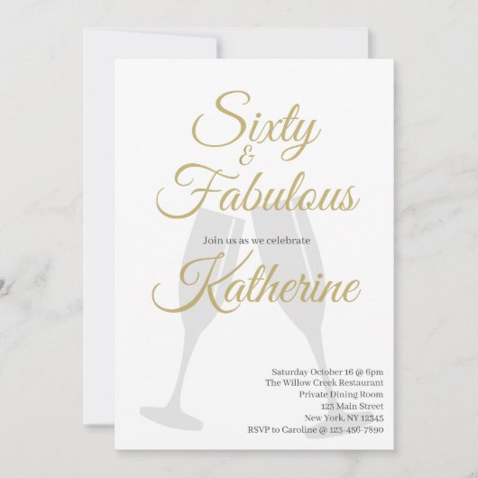 60 and Fabulous | 60th Birthday Party Gold Script 招待状 (正面)