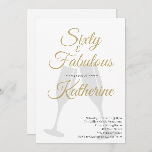 60 and Fabulous | 60th Birthday Party Gold Script 招待状 (正面/裏面)