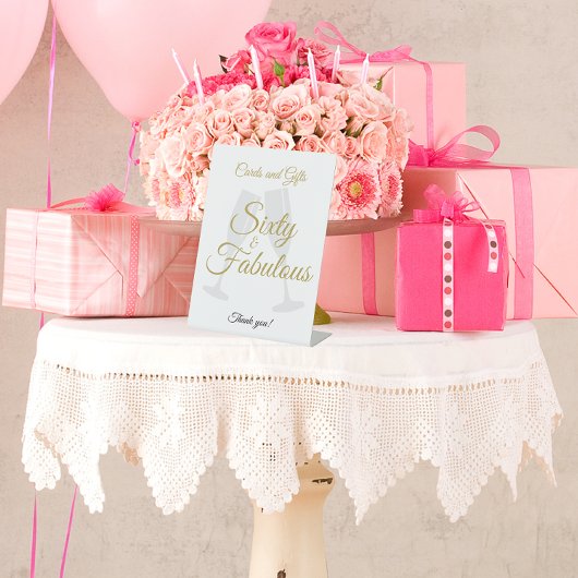 60 and Fabulous Birthday Gift Table White Gold  台座サイン