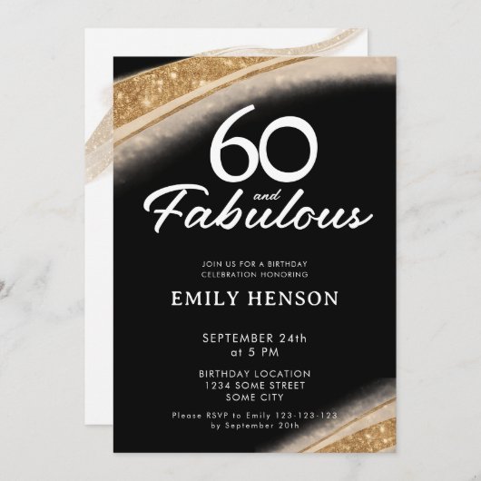 60 and Fabulous Bold Black Gold Birthday 招待状 (正面/裏面)