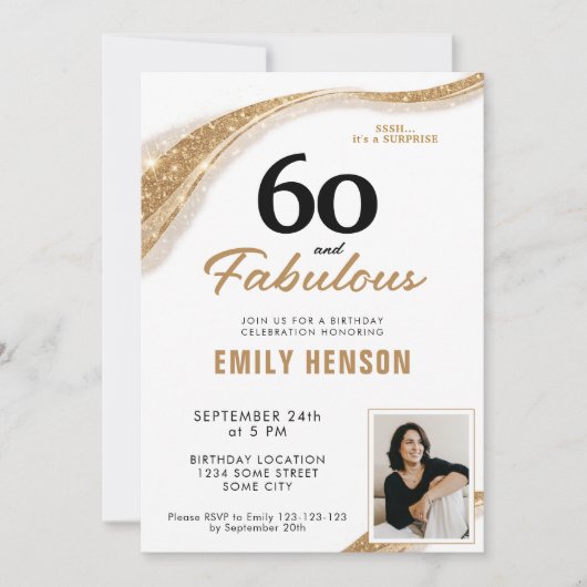 60 and Fabulous Gold 60th Birthday 招待状 (正面)