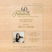 60 and Fabulous Gold Glitter Photo 60th Birthday アクリル招待状 (正面)