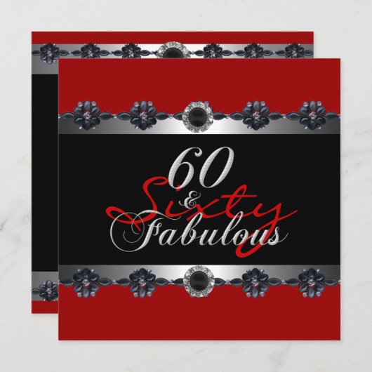 60 & Fabulous 60th Birthday Partyシルバーレッド 招待状 (正面/裏面)
